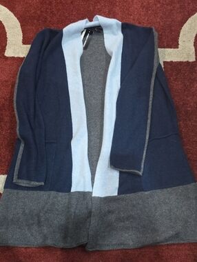 Cashmere Open-Front Colorblock Women's Cardigan Sweater - Navy/Light Blue/Gray